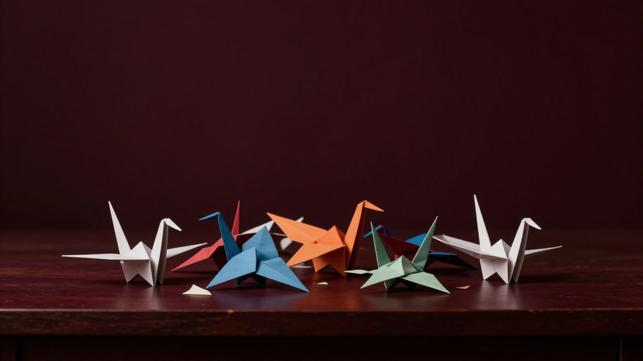 Photo of a desk piled haphazardly with collapsing origami cranes.