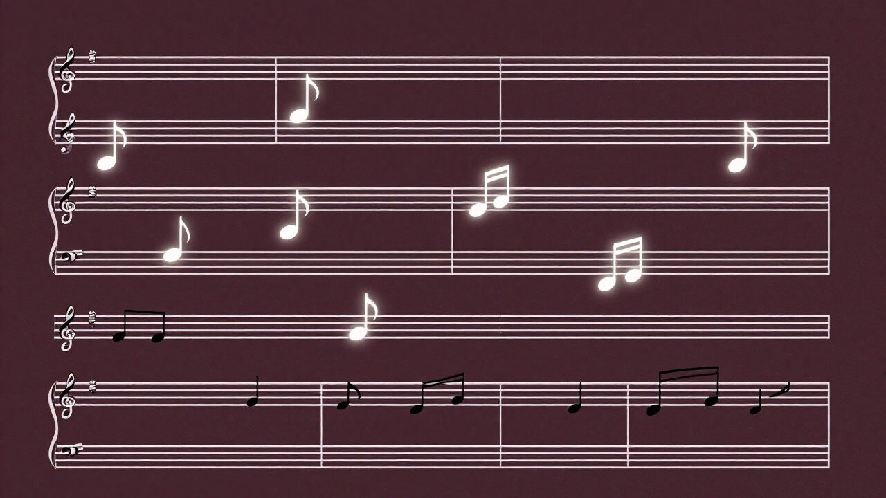 古典的な譜面の背景に、小さな飾り音符たちが舞うイラスト