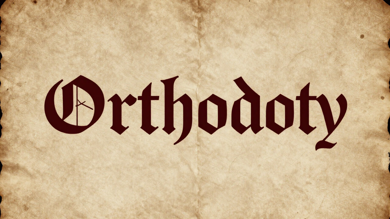 Close-up of an ancient parchment page with the word 'Orthodoxy' inscribed in bold, ornate letters