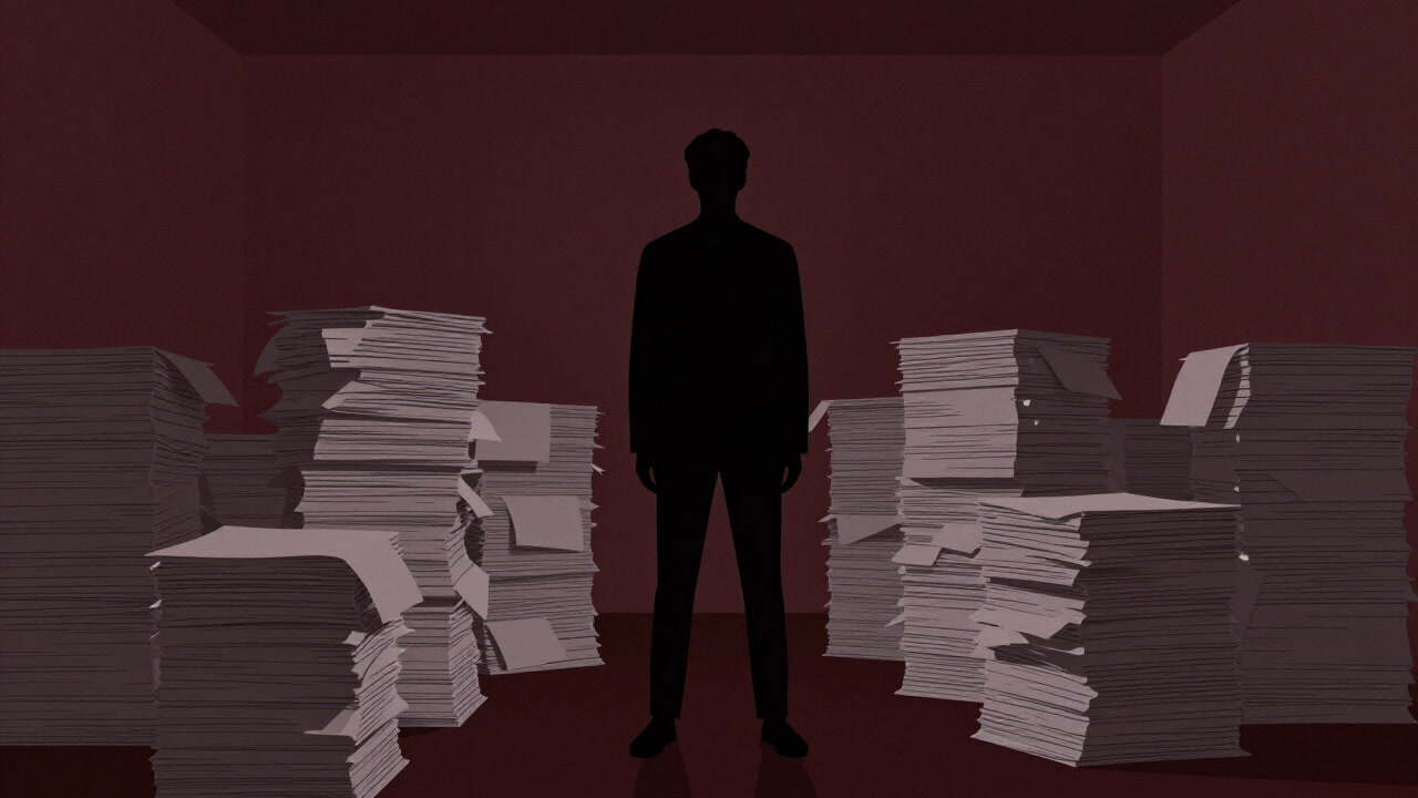 Silhouette of a figure surrounded by paperwork, standing dazed