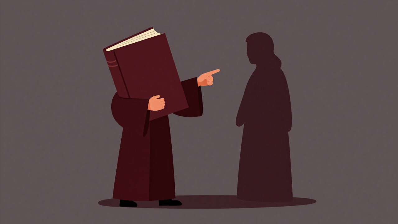 Silhouette of a preacher holding a scripture and pointing at a shadowy figure with a triumphant smile