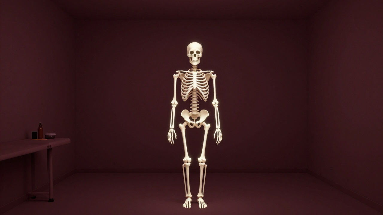 An image of glowing hands manipulating a human skeleton like a puzzle under soft clinic lights.