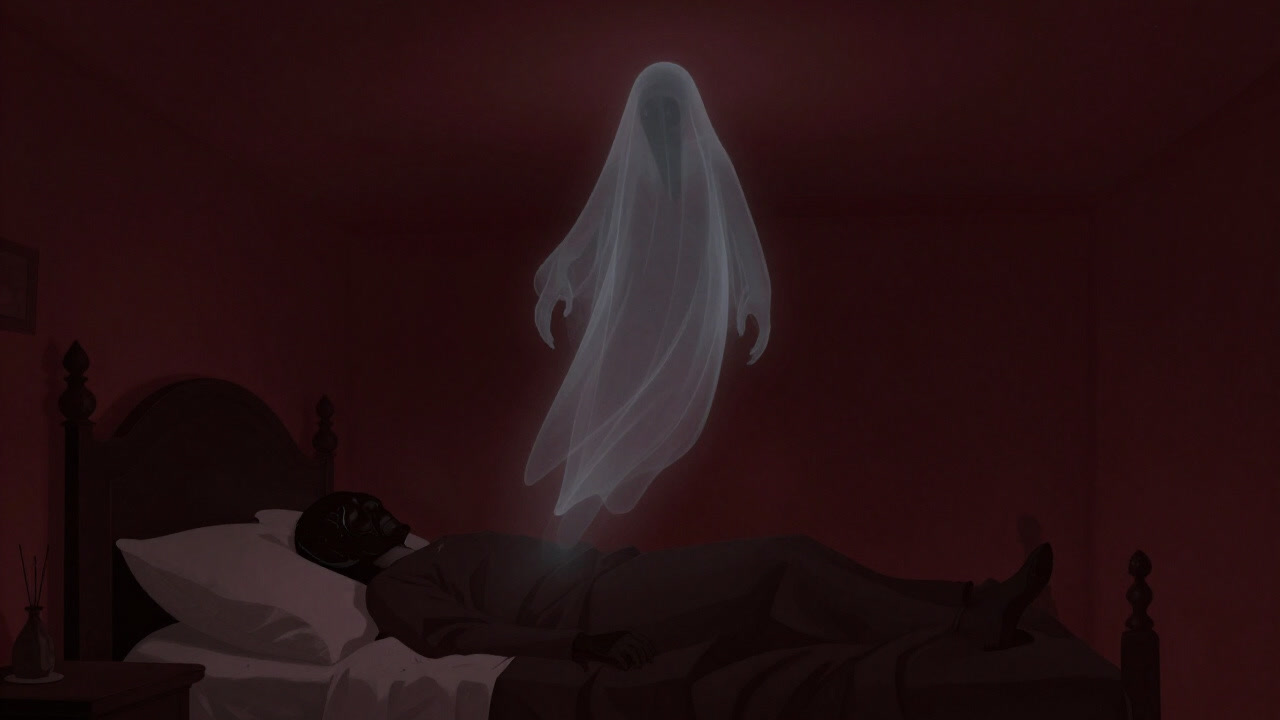Silhouette of a ghostly figure passing through a bedroom ceiling, with the sleeping body in the background