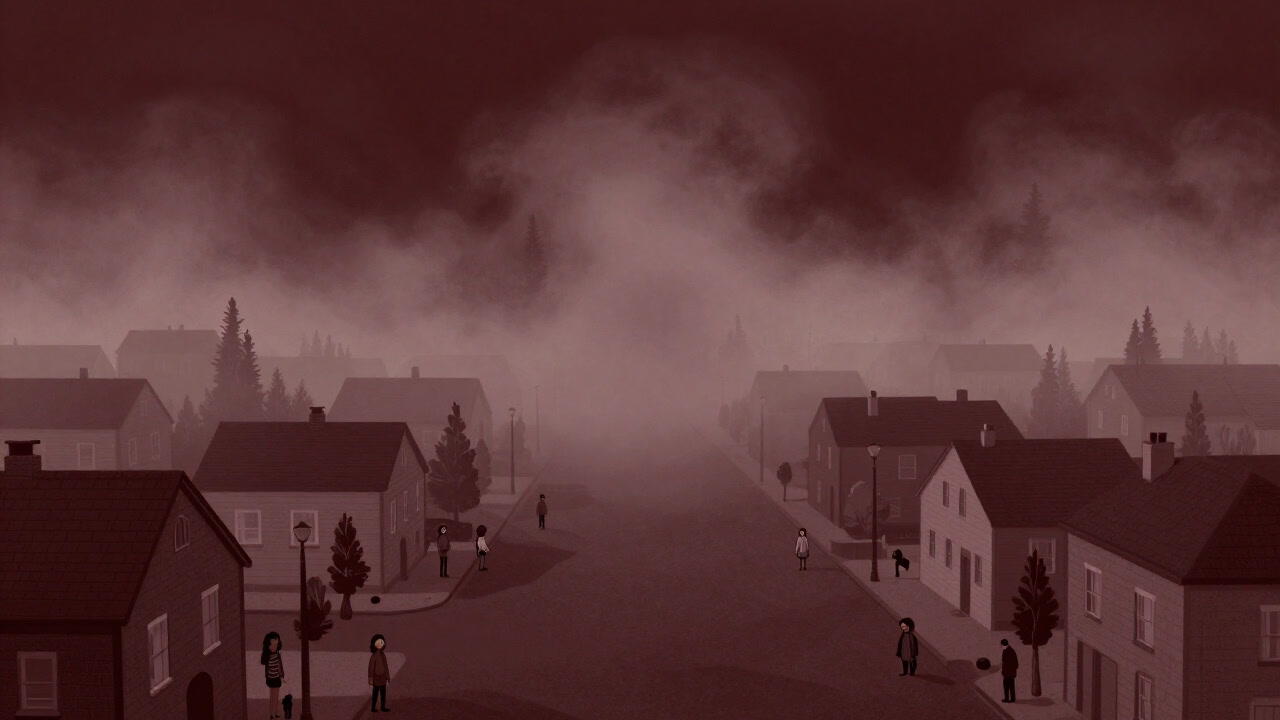 突然現れた異様な霧が街を包み込み、人々が困惑する様子を俯瞰で捉えたイラスト