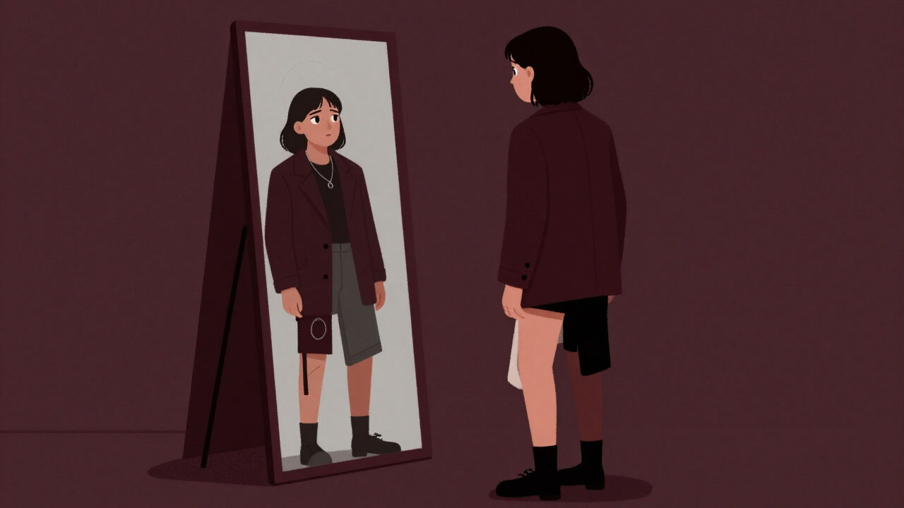 An illustration of a person standing in front of a mirror, perplexed as they consider patterns and colors.