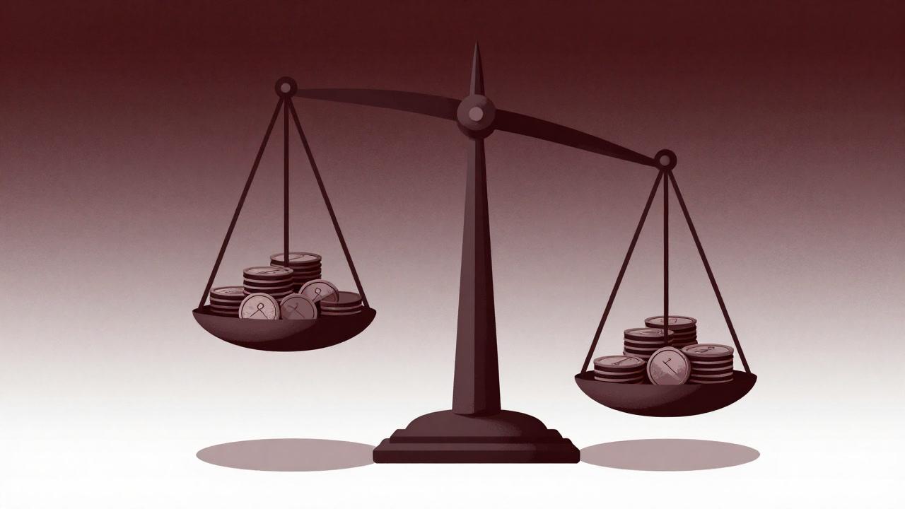 Illustration of an unbalanced scale with coins weighing down one side