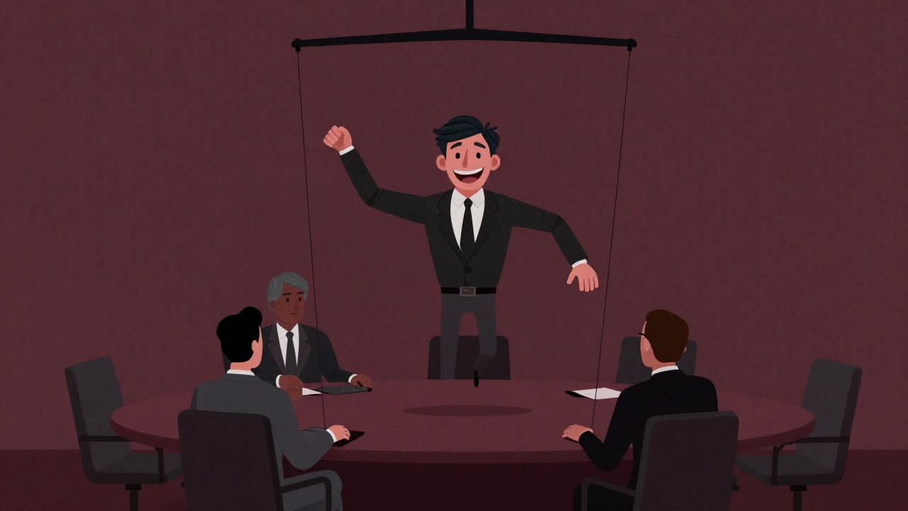 会議テーブルの周りで操り糸に吊られ、笑顔を作る外部委託先担当者のイラスト