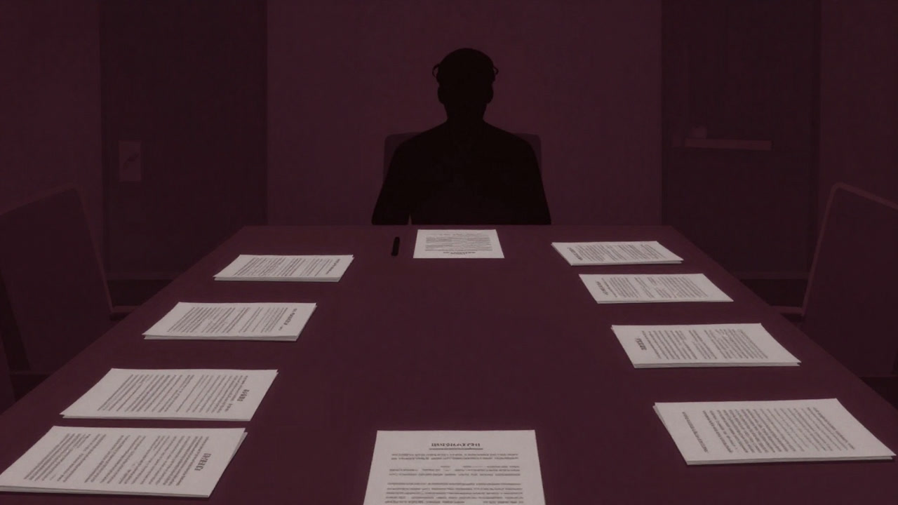 Image of a silhouette of an employee with a run-away expression sitting at a conference table piled high with contracts.