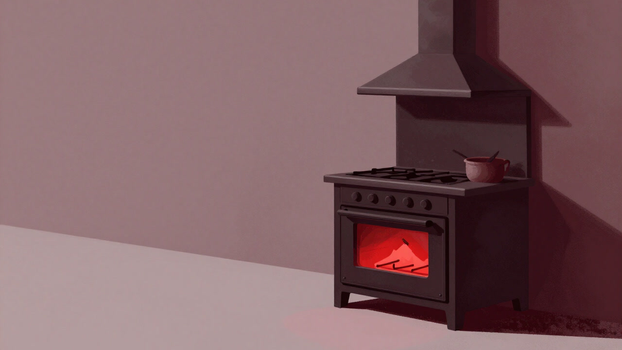A dimly lit kitchen with a glowing red oven staring blankly at its open door.