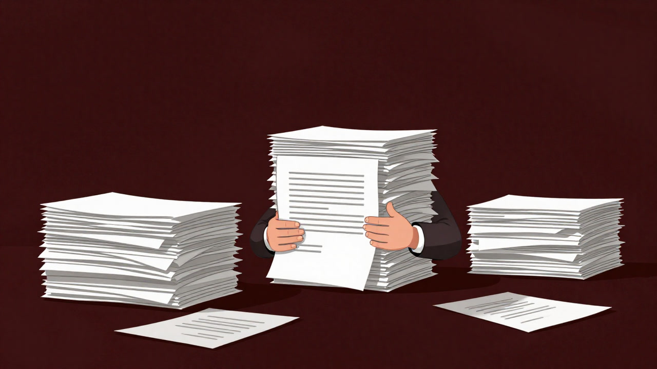 Illustration of a borrower crushed under piles of documents, staring at an oversized bundle of collateral.