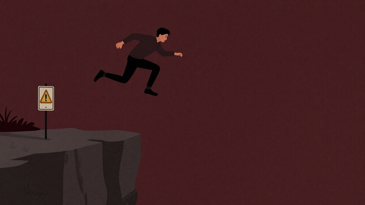 Silhouette of a person leaping off a cliff without looking at their feet