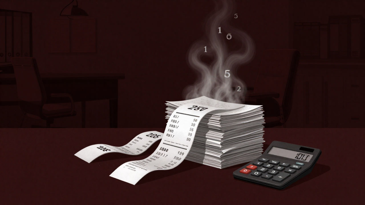 Image of a mountain of receipts and calculators surrounded by swirling steam-like mist representing overhead costs