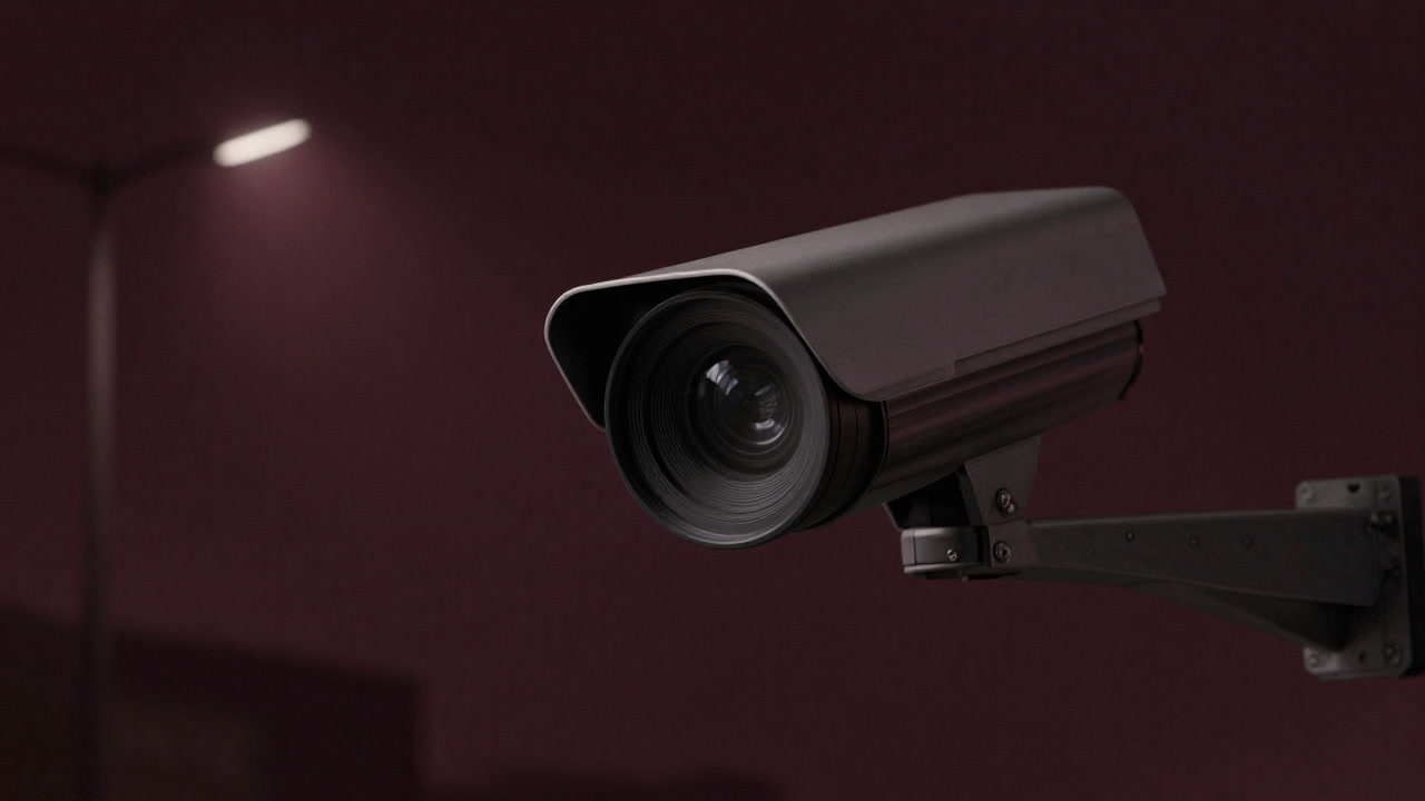 A surveillance camera lens intently watching a city street at night.