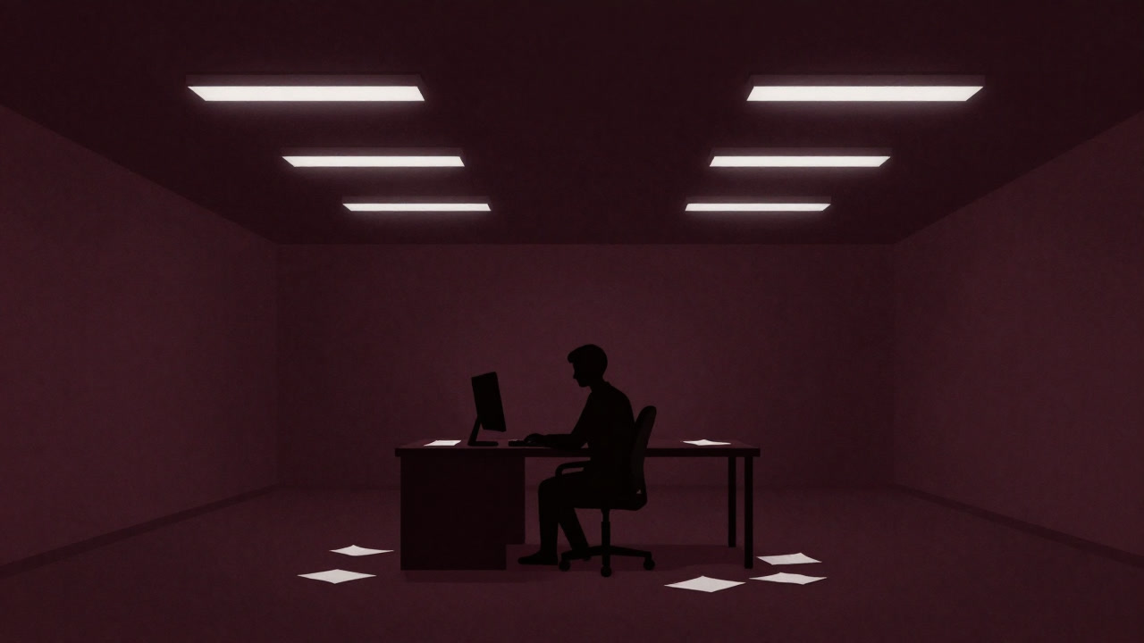Silhouette of a lone figure working at a computer under lonely fluorescent lights in an office.