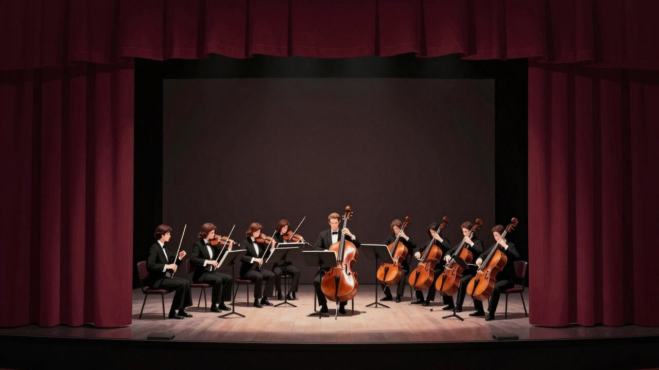 Image of a theater curtain opening at the start of a grand overture