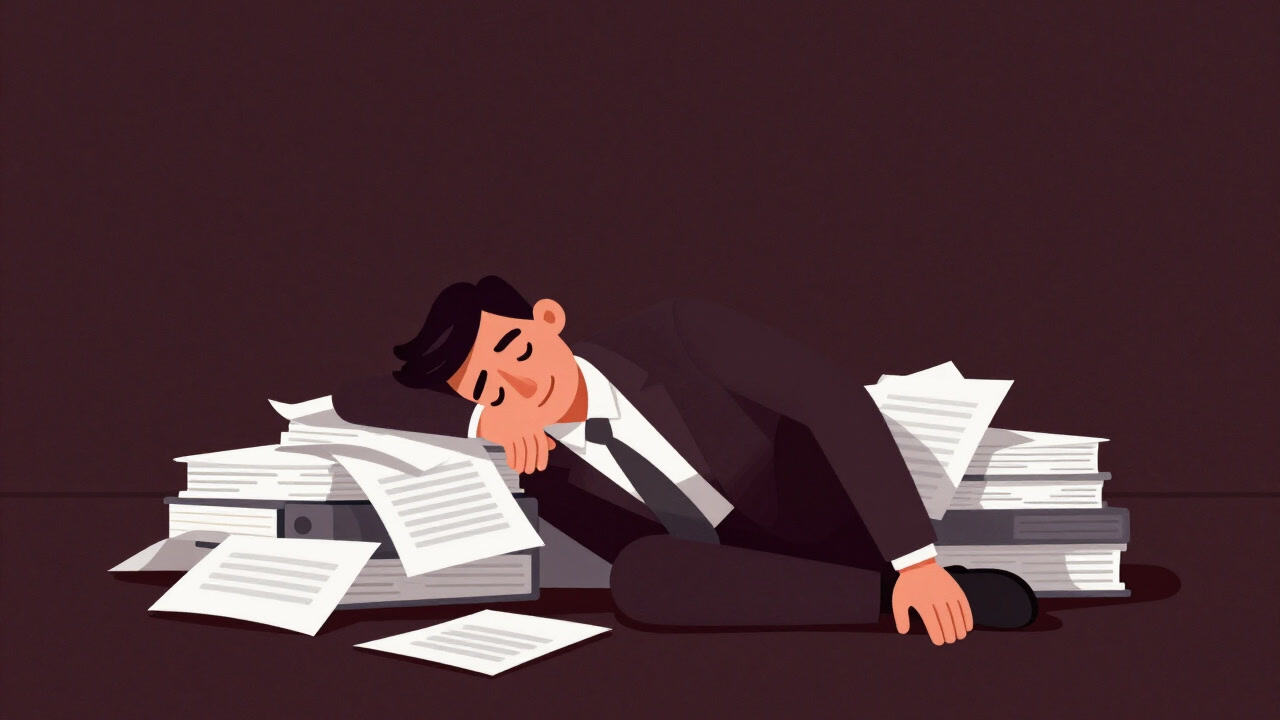 Silhouette of a business person smiling painfully while holding a mountain of paperwork