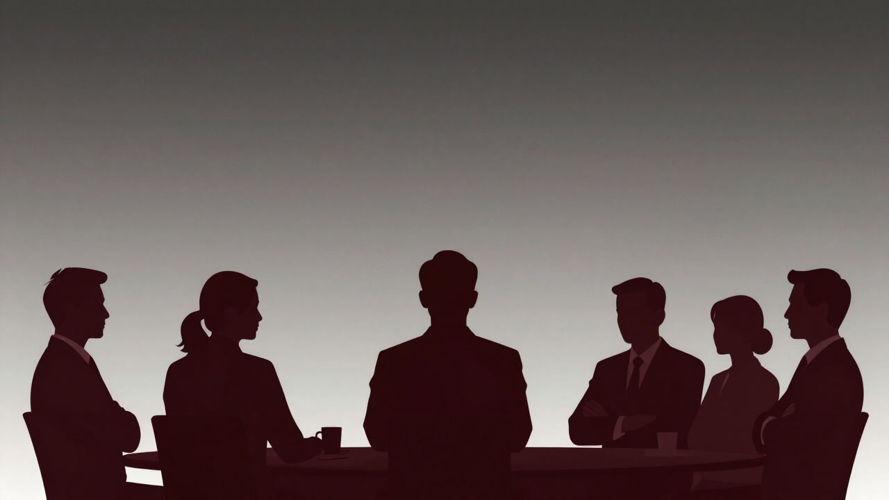 会議室のテーブルを囲み、全員が腕組みしているシルエット