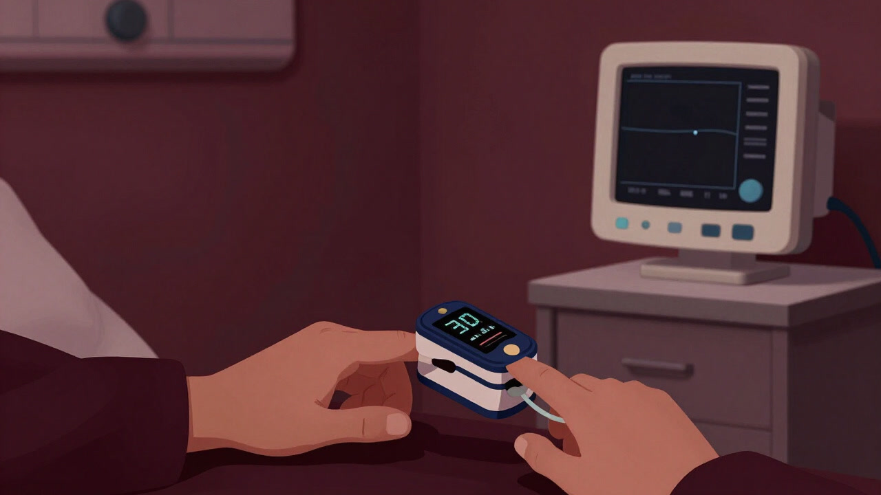 Image showing a clip on a fingertip with oxygen saturation displayed on a monitor in a quiet hospital room.