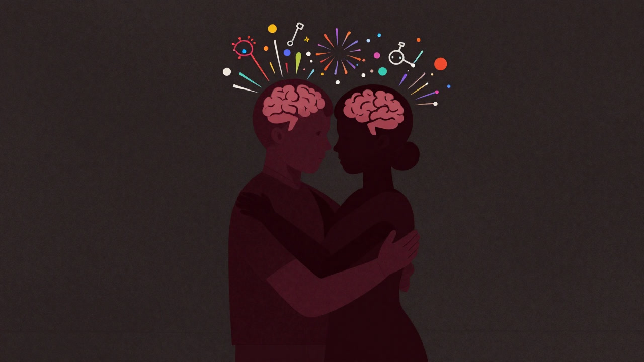 抱きしめられた瞬間、脳内で化学反応が花火を上げる様子をイメージしたイラスト