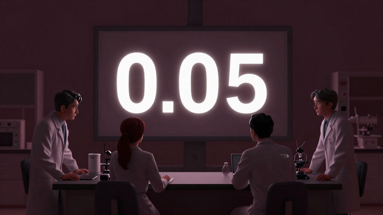A screen displaying the number '0.05' flickering anxiously in front of researchers.