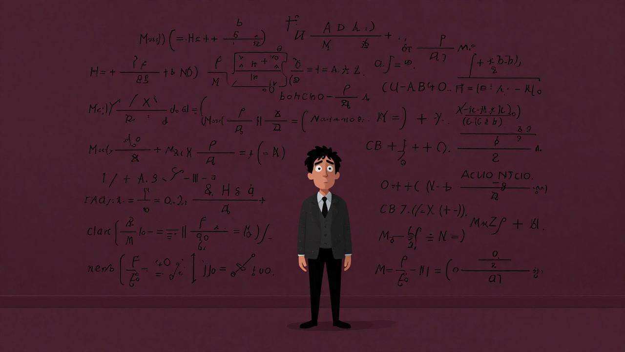 An illustration of a mathematician stuck before endless formulas