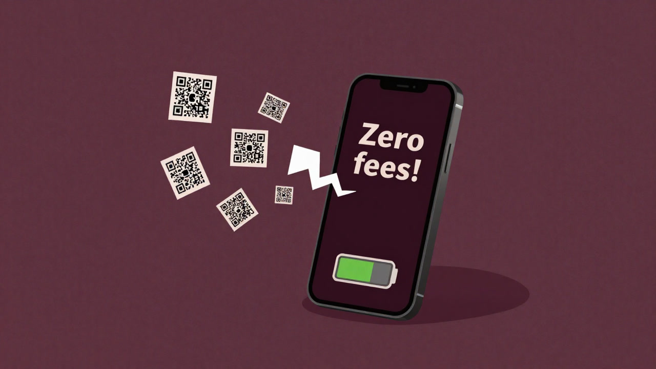 スマホ画面からQRコードが溢れ出し、周囲に降り注ぐコミカルなイラスト