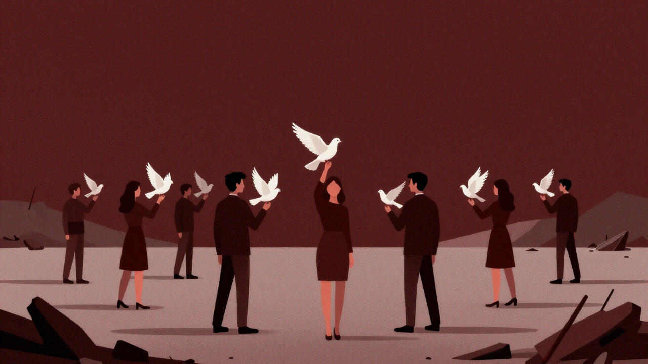 戦場のイメージを背景に、白い鳩を掲げて微笑む人々のイラスト