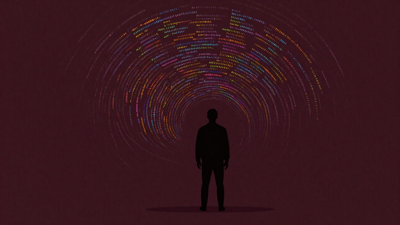 Silhouette of an engineer standing before a swirling vortex of packages on a CLI screen