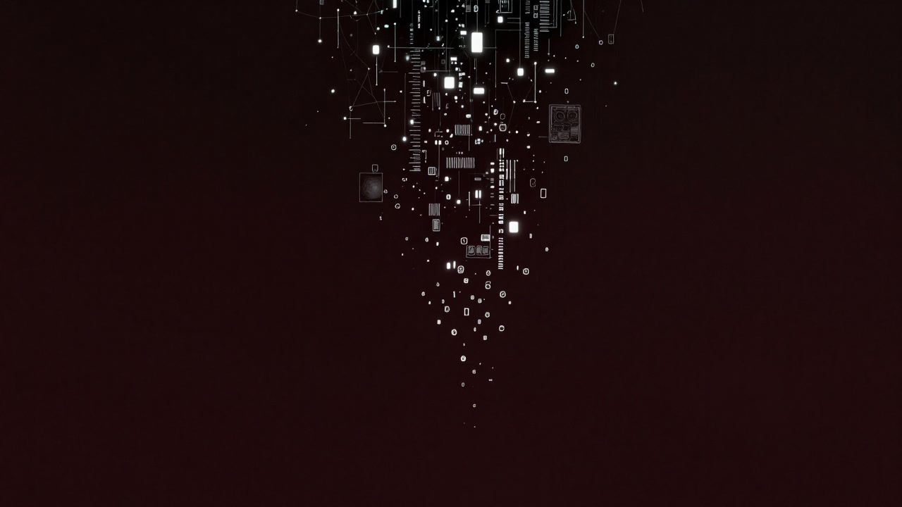 Dark network illustration with fading data fragments disappearing into the void