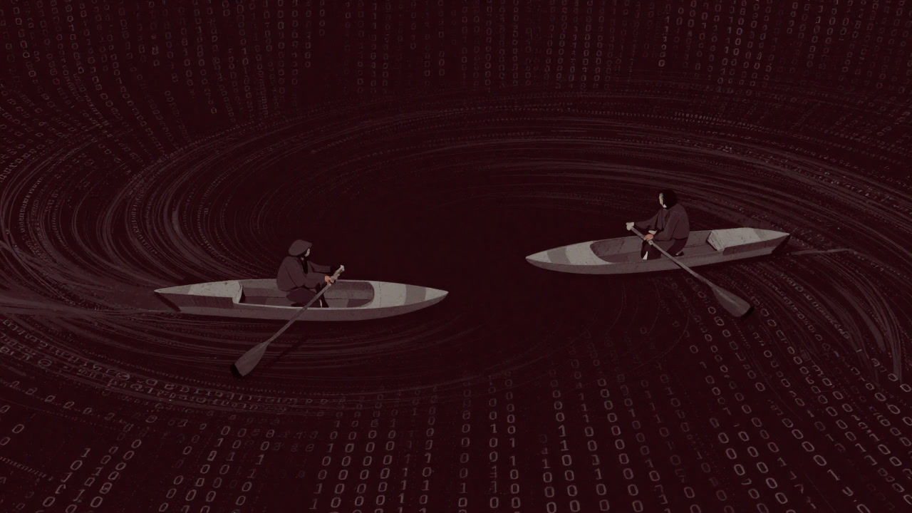 Illustration of mysterious paddles rowing through a sea of data.