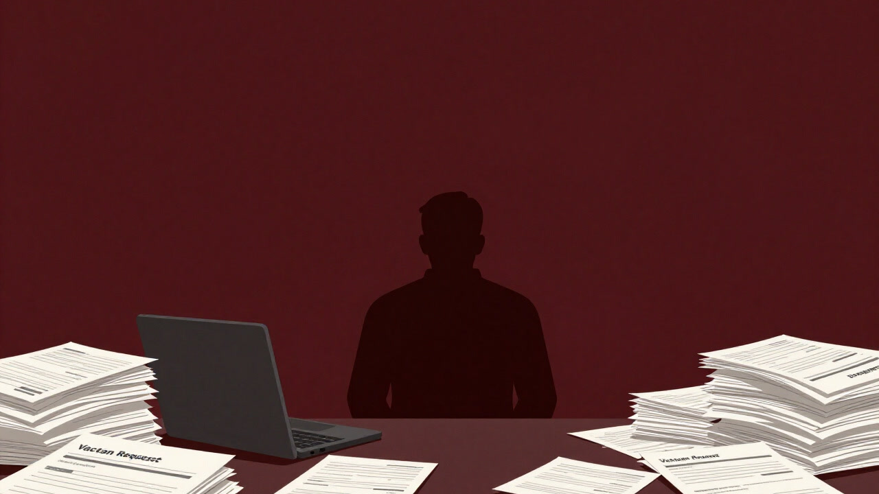 オフィスの卓上に積み重なった休暇申請書類の山を前に茫然と立つサラリーマンのシルエット
