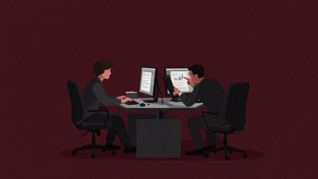 Illustration from behind capturing two engineers arguing over a single keyboard