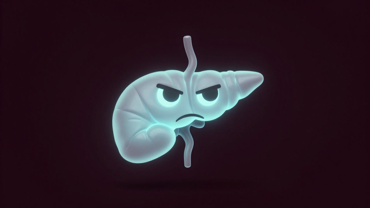 暗闇で青白く光り、不機嫌そうに浮かぶ膵臓の3Dモデル