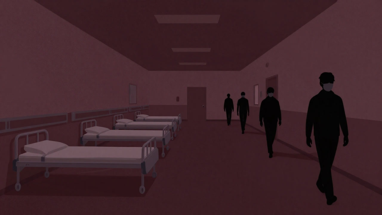 Illustration of masked silhouettes walking down a deserted hospital corridor lined with empty beds