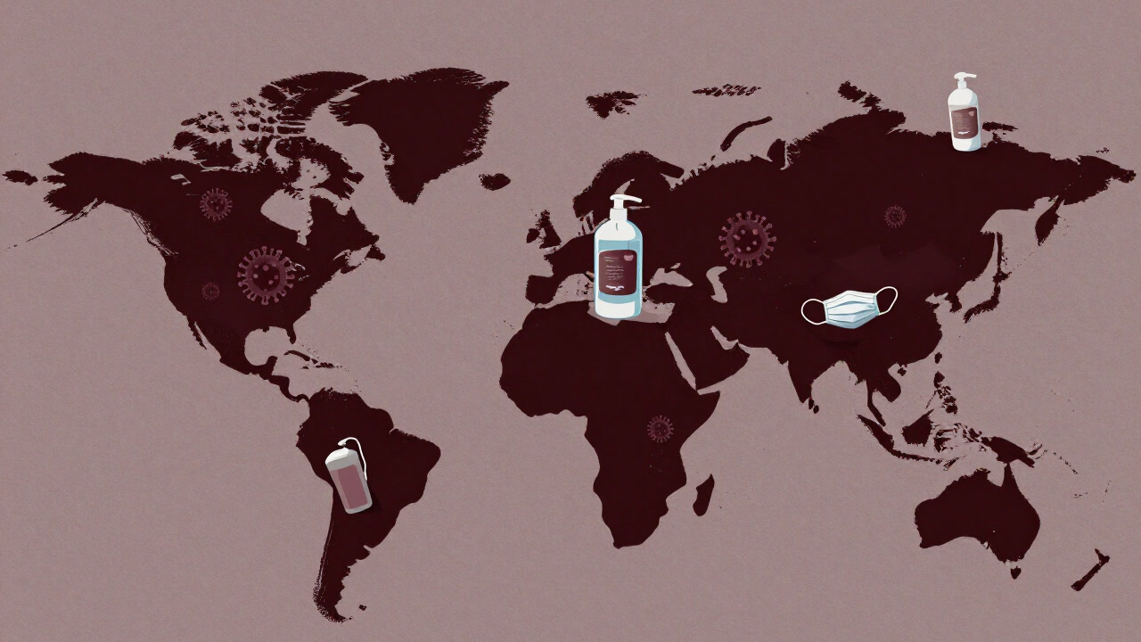 暗い世界地図にウイルスアイコンが散りばめられ、消毒液ボトルとマスクが紙吹雪のように舞うイラスト