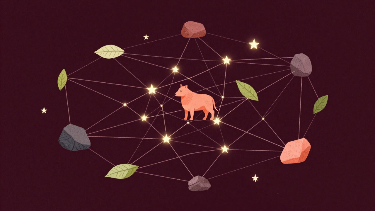 自然の木々から星空までがひとつの輝くネットワークで結ばれた象徴的なイメージ