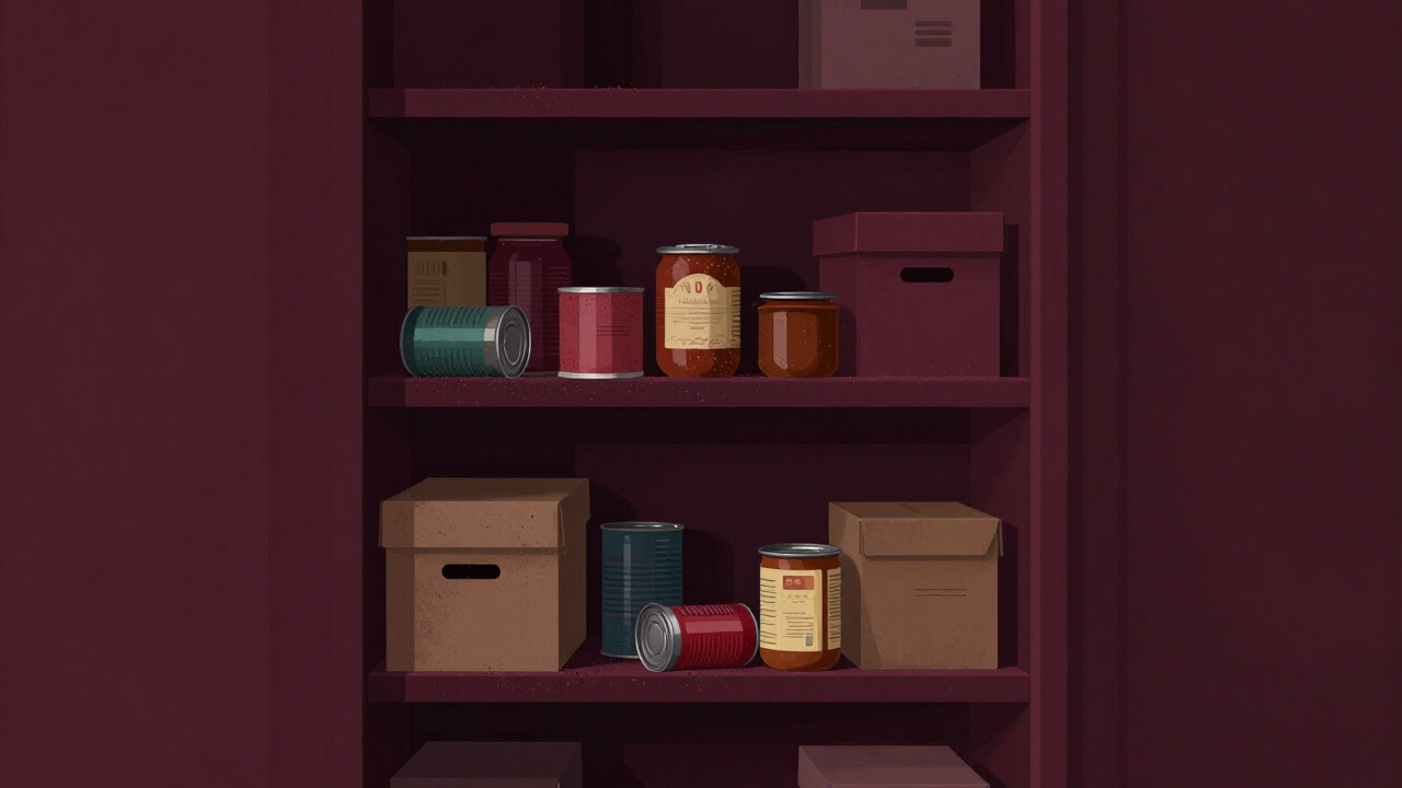 Photo of a dusty pantry overflowing with cans and jars