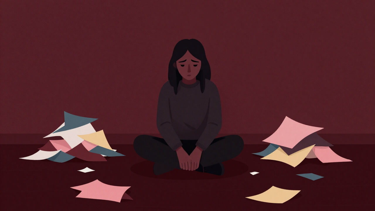 Illustration of a crafts enthusiast looking down at a mountain of paper scraps