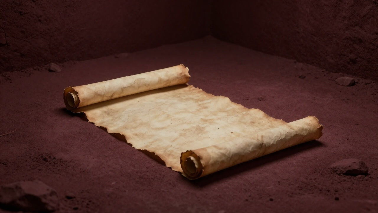 埃まみれの墓室で、古びたパピルスの巻物がひそやかにほころびている様子の画像