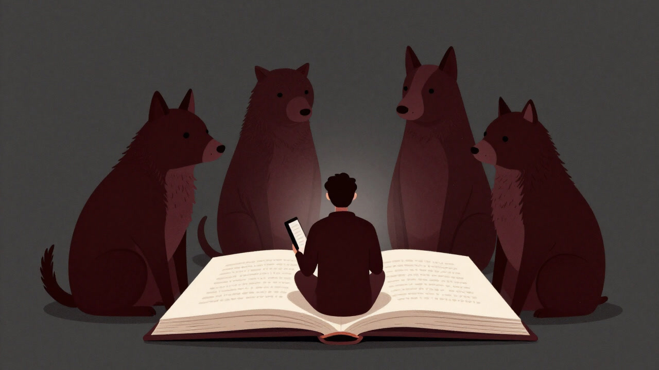 Illustration of talking animals emerging from an open book, surrounding a reader as if looking down