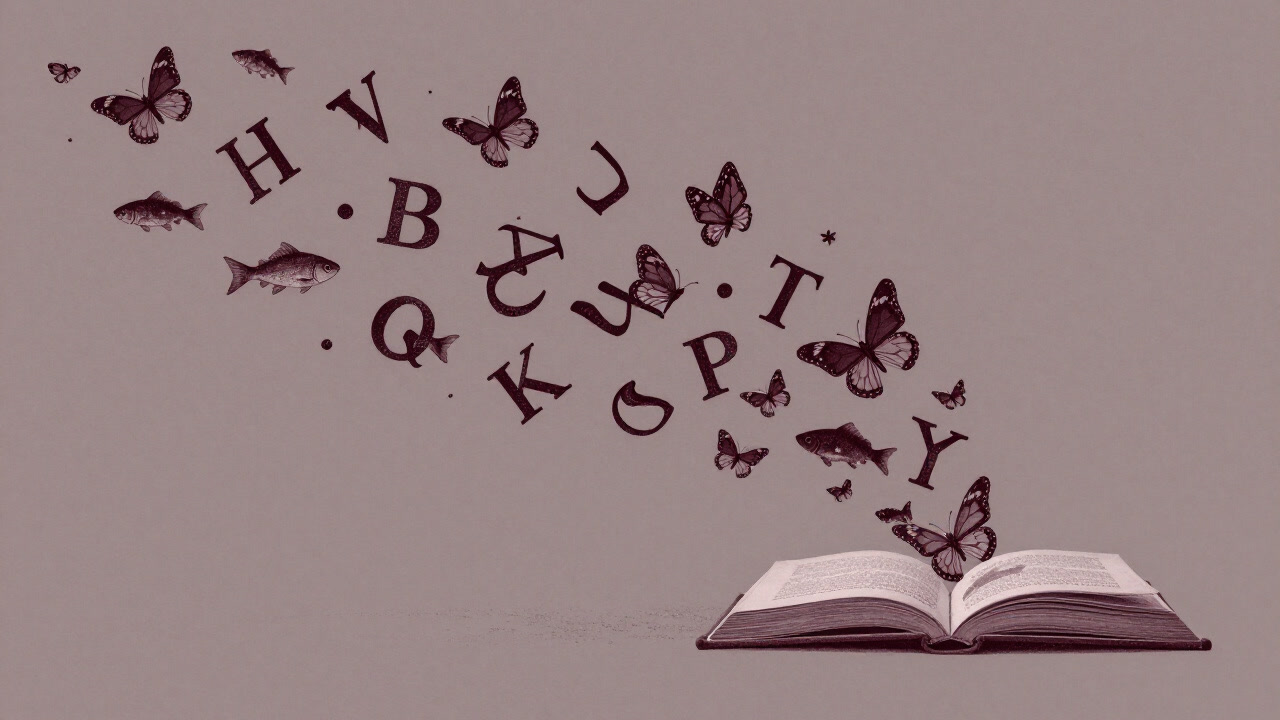 本のページから文字が飛び出し、蝶や魚など様々な形に変化して宙を舞うイメージ