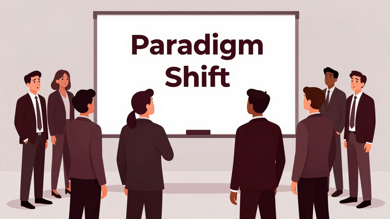 会議室のホワイトボードに『パラダイム転換』と太字で書かれ、周囲の参加者が呆然と立ち尽くす風景
