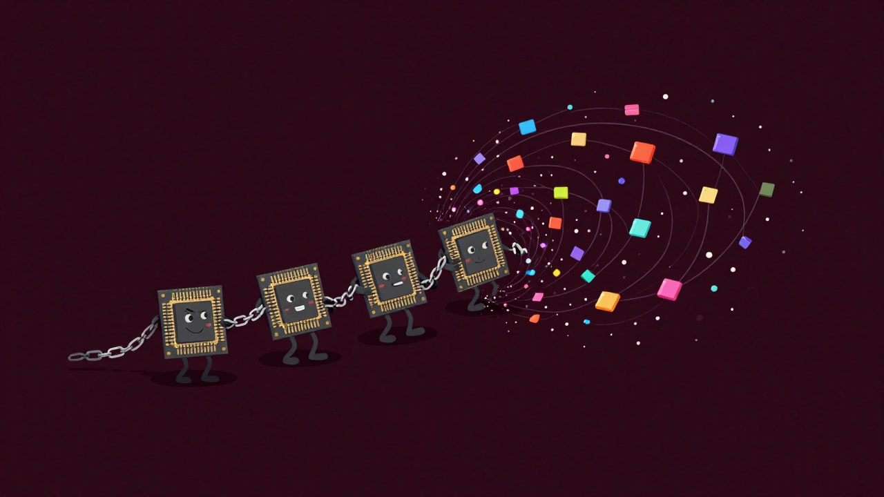 Illustration of multiple CPU cores chained together and overwhelmed by a whirlpool of network packets