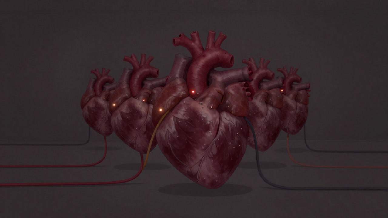 Illustration of multiple hearts connected by cables blinking simultaneously.