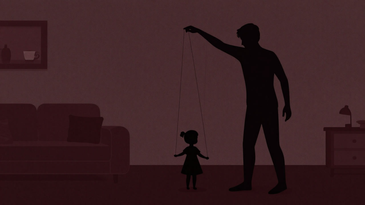 Silhouette of a shadowy figure controlling puppet strings attached to a child