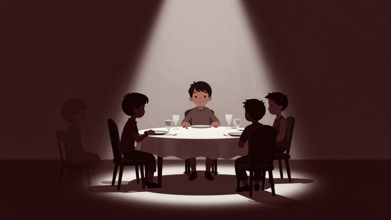 親のえこひいきを受けた子が太陽のように輝き、周囲の子が影のように沈み込む家族の食卓の様子