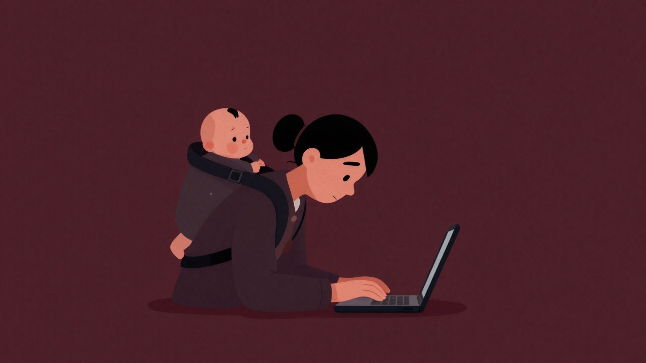 疲れ切った親が抱っこ紐で赤子とパソコンを同時に抱え、目が虚ろなイラスト