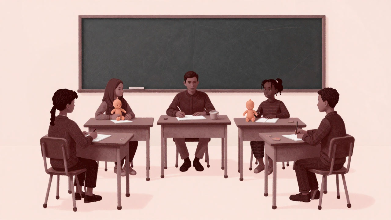 お母さんと父親がクラスルームで赤ちゃん人形を前に真剣にディスカッションする様子