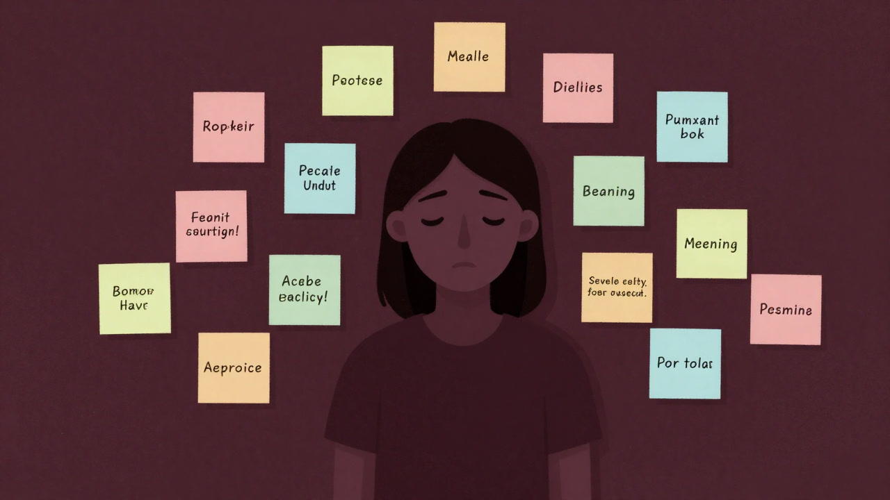 Illustration of a tired parent staring blankly at colorful sticky notes on a wall representing parenting goals