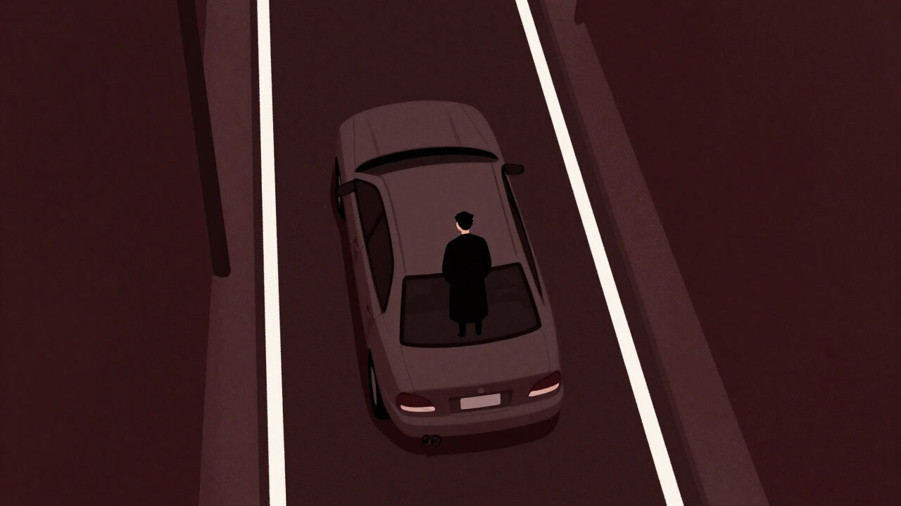 An overhead view of a car stationary in a narrow alley surrounded by painted lines